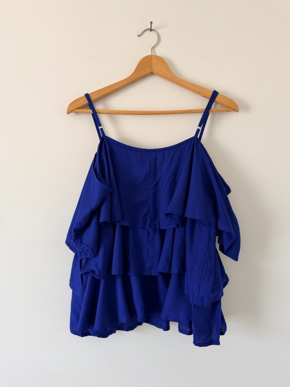 New York & Company Royal Blue Tiered Ruffle Cold Shoulder Tank Top - Picture 5 of 5